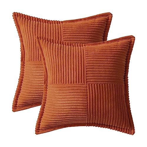 Image of MIULEE Fall Rust Decorative Euro Sham Throw Pillow Covers for Couch Bed Livingroom 22x22 Inch Set of 2 Boho Accent Throw Pllows Broadside Striped Patchwork Soft Corduroy Pillowcases, Terracotta