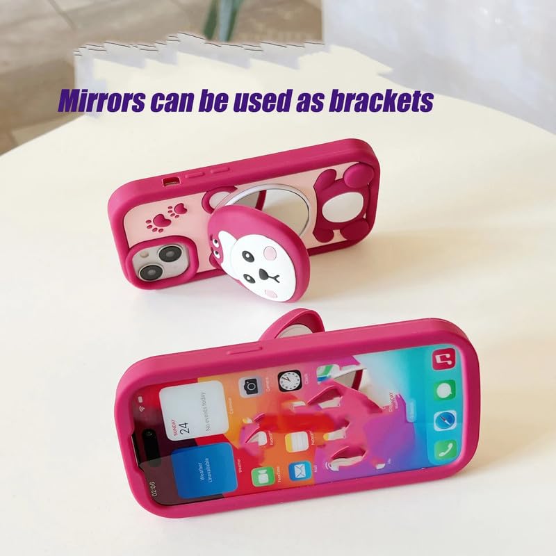 Image of COVERLY 3D Strawberry Bear Mirror Cartoon Stand Case,Premium Silicone Full Protective Case Cute Teddy Love Phone Holder Makeup Mirror Cute Kawaii Aesthetic Cover for Apple iPhone 14 Plus