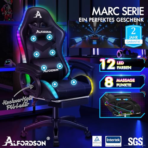 ALFORDSON Gaming Stuhl, Racing Gamer Stuhl mit LED RGB Beleuchtung, Massaging Computersessel mit Fußstütze, Ergonomischer Drehstuhl mit hebelbetätigter Rückenlehne, Schwarz – Bild 4