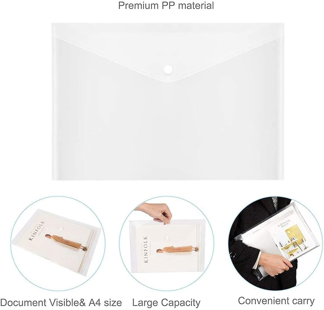 ASelected Lot de 60 Pochette Plastique A5, Transparente Pochette avec Rabat, Pochettes à Bouton Pression A5 Porte Document - 235×170 MM