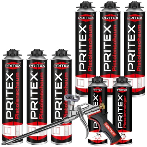 PRITEX Bauschaum Set aus 6 x 750 ml Pistolenschaum inkl. 2 x 500 ml Pistolenreiniger und Schaumpistole Montageschaum zum Verfüllen Dämmen & Abdichten PU-Schaum mit hervorragender Wärmedämmung