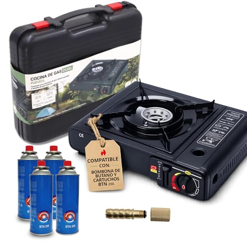 Camping Gas Portatil con adaptador de Bombona + 4 Cartuchos, Pack Hornillo + 4 Cartuchos, Hornillo Camping Gas Portátil, Cocinal, Infernillo, Fogareiro