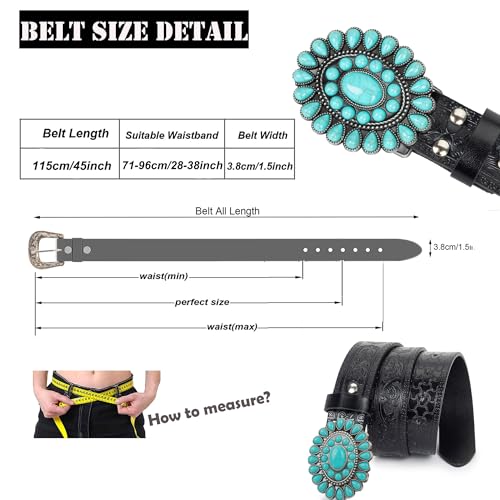 Vintage Western Turquoise Cowboy Belt for Women, Genuine Leather Embossed Cowgirl Waist Belt, 28-38" Waist2