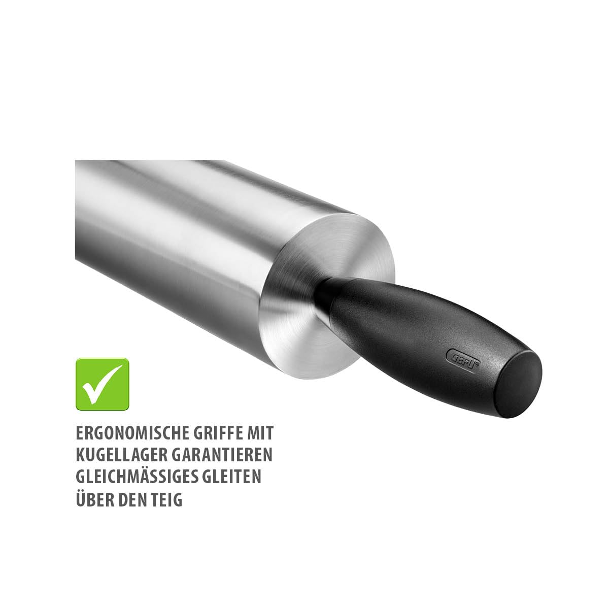 GEFU ROTOLO Teigroller - Edelstahl Nudelholz mit Kugellager - 46 cm | Hygienische Backrolle für Teig, Pizza & Fondant - Ergonomisches Ausrollgerät mit 7 cm Durchmesser - Stabil & Robust