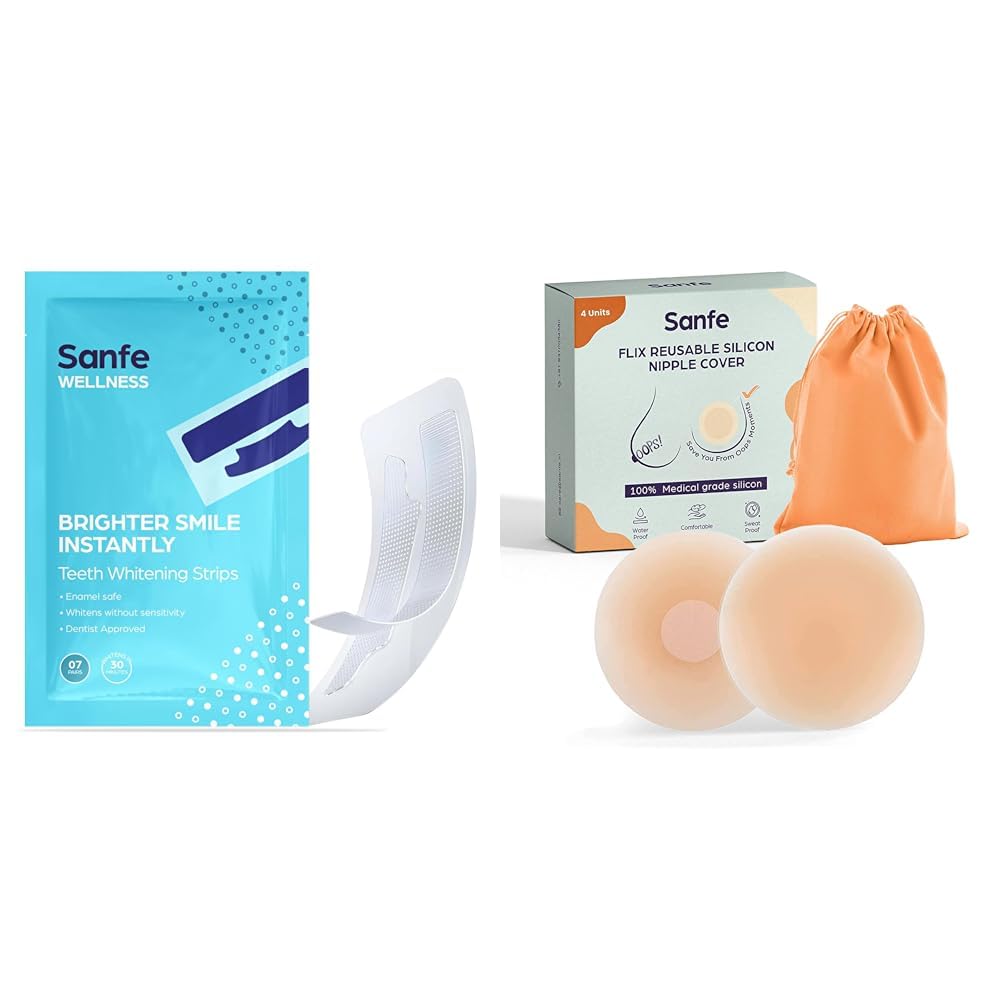 Sanfe Teeth Whitening Strips Brighter Smile Instantly Enamel safe whitens without sensitivity dentist approved Whitens in 30 minutes 7 Pairs Flix Reusable Silicone Nipple Cover - 4 Pieces-image-1