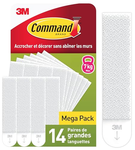 Command Languettes Accroches Tableaux, Grandes - 14 Paires (28 Languettes) Blanc - Supporte jusqu'à 7 kg - Sans Outils - Fixation sans Dommages