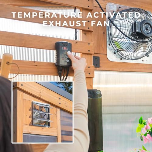 Image of Backyard Discovery Willow 9' x 6' Cedar Wood and Polycarbonate Walk-in Greenhouse Kit with Exhaust Fan, Windows, Hose Hook-Ups, PowerPort, Staging Shelves for Year-Round Outdoor Gardening