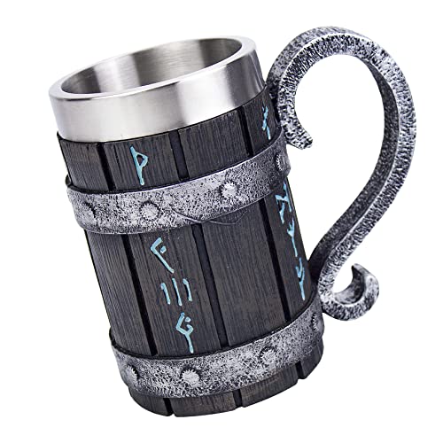 Nordic Viking Rune - Vasos de cerveza (acero inoxidable, resina, resina, 3D, norse, decoración de café, fresco, gótico, cerveza, depósito de piedra)