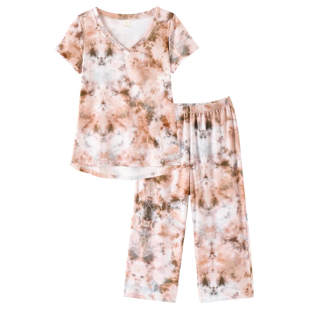 YIJIU Women's Short Sleeve Tops and Capri Pants Cute Cartoon Print Pajama Sets Small Brown Printed