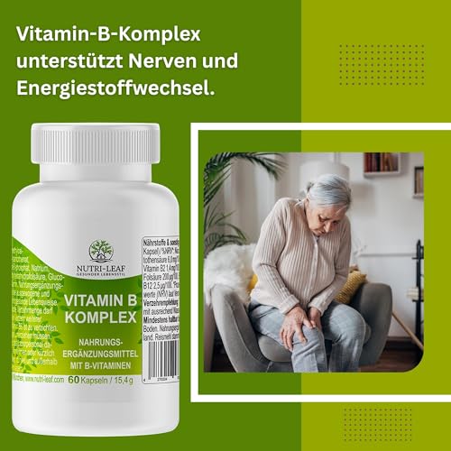 Vitamin B Komplex hochdosiert mit B12 B6 Folsäure B1 und allen 8 B Vitaminen für Energie Nerven geistige Leistung ohne unnötige Zusatzstoffe Kapseln Made in Germany von NUTRI LEAF