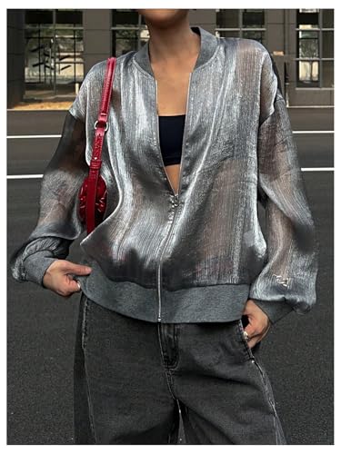 SHENHE Women's Y2k Sheer Bomber Jacket Oversized Lightweight Organza Zip Up Jacket Streetwear3