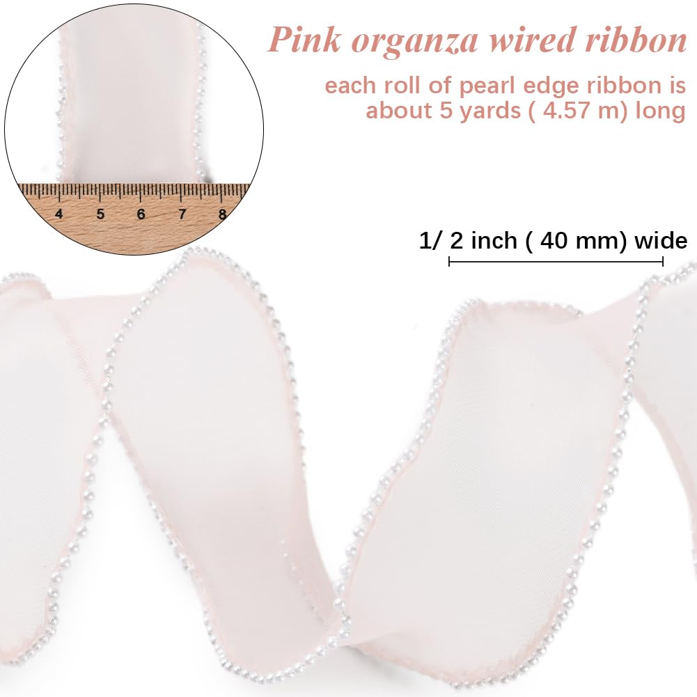 CABODYALS 4.57M 40mm Faux Pearl Edged Pink Organza Ribbon Fishtail Transparent Wired Chiffon Trim Smooth Sheer Mesh Ribbons Rolls with Spool for Sewing Making Crafts Bouquet Decorations DIY Supply - Image 2