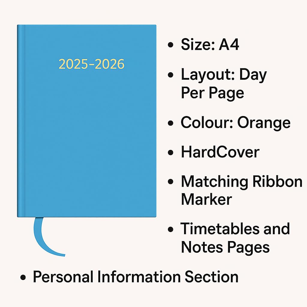 Academic Diary 2026-27 A4 Day Per Page Planner, Hardcover Student Planner & Diary Ribbon Marker, Timetable Pages - Image 2