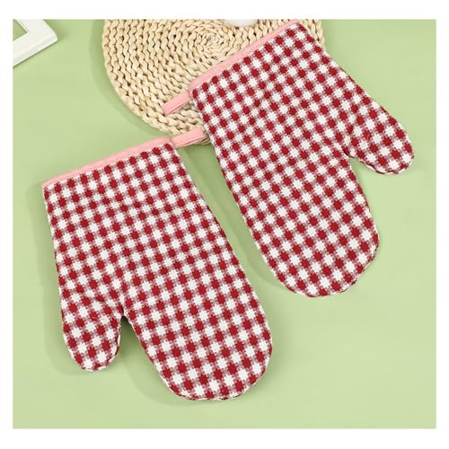 1 pair of pink checkered oven gloves, cotton heat-resistant oven mitts, and filled cotton non slip cooking gloves, used for kitchen baking and cooking. - Image 5