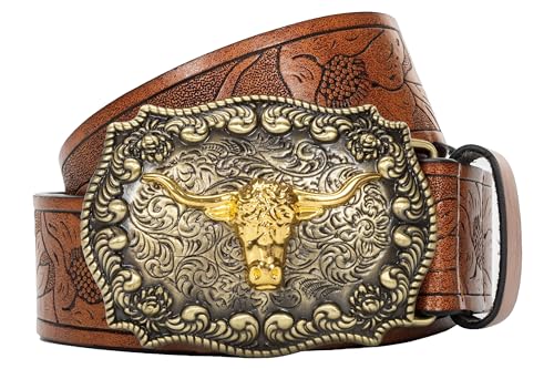 Mens Western Cowboy Belt, Genuine Leather belts, Longhorn Bull Pattern Buckle Belt, Floral Engraved, 25