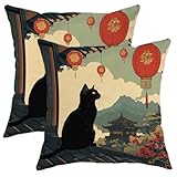 Lantern Cat Pillow Covers Set of 2, Cat Vintage Chinese Style Throw Pillow Cases, Outdoor Decorative Cushion Covers for Home Sofa Bed Couch, Lunar New Year Decor 18x18 Inch