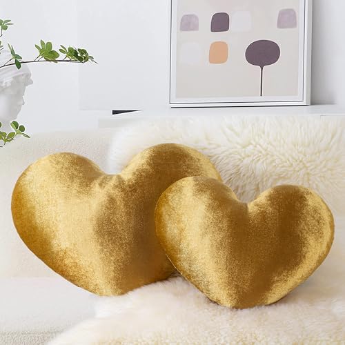 AELS Heart Shaped Pillow, Set of 2, Heart Decorative Throw Pillows, Velvet Love Pillows 17.7 & 13.7 Inches, Cute Valentines Day Decorations, Wedding Decor, Living Room Bedroom Nursery Decor, Golden