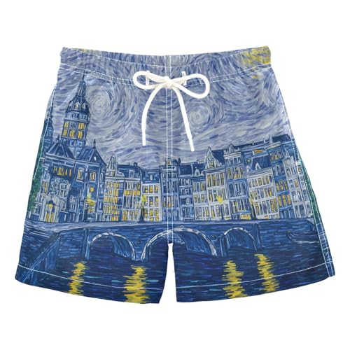 Boys Swim Trunks Skyline Canals Bridges Swirling Toddler Swim Shorts Beach Board Shorts Swimsuit