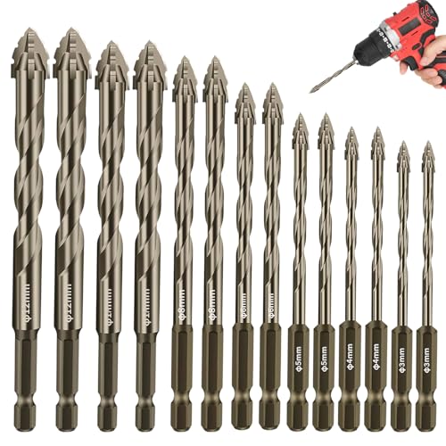 4-Teiliges Exzenterbohrer Set, Bohrer mit 4 Schneiden, Sägezahnbohrer mit 1/4' Sechskantschaft, Hohe Härte für Glas, Keramik, Holz Und Metall(Gelb, 3 Mm/4 Mm/5 Mm/6 Mm/8 Mm/10 Mm/12 Mm)