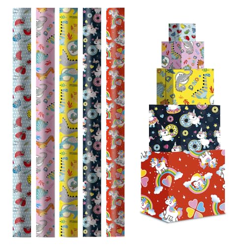 Papel de Regalo 70x200cm (Pack de 5 Rollos) - Diseños Surtidos y de Papel Resistente - Ideal para Envolver Regalos en Cumpleaños, Bodas, Navidad, Fiestas - Infantil