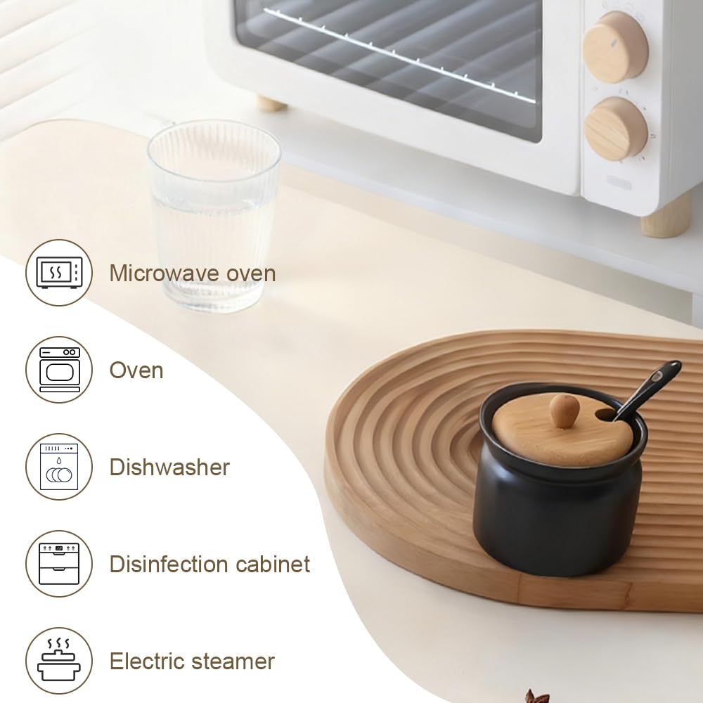 Keramik Zuckerdose Schwarz Bambusdeckel mit Löffel 180 ml 6.8 x 8cm | Luftdichte Keramik Zuckerdose mit Bambusdeckel & Löffel, platzsparend, für Zucker Salz Gewürze Küche