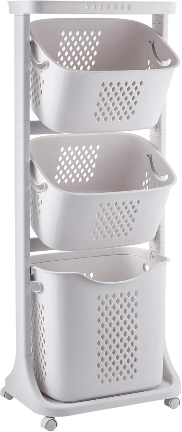 Cesto portabiancheria con 3 cesti rimovibili con ruote, 44 x 33 x 110 cm, bianco