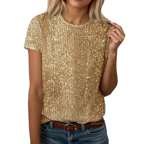 Glitzer T-Shirt Damen Pailletten Druck Bluse Pullover Silvester...