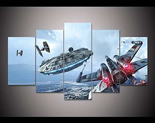 5PCS Framed Star Wars Millennium Falcon & X-Wing Canvas Prints - 5 Piece Canvas Star Wars Battle Artwork on Canvas Wall Art for Office and Home Wall Decor (40x60cm x2+40x80cm x2+40x100cm x1)