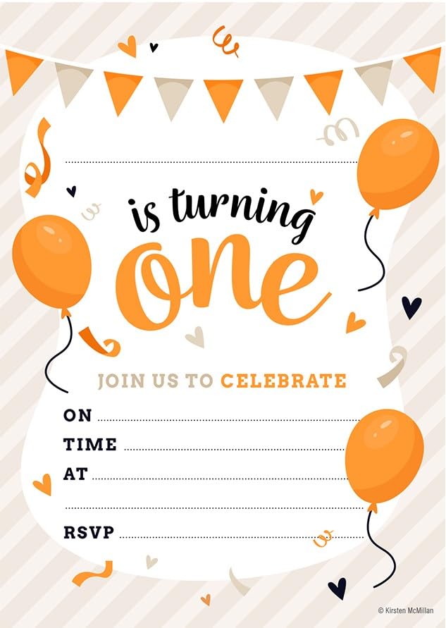 32 Orange 1st Birthday Party Invitations with Envelopes - Kids Childrens Invitation - Pack of 32 - Designed and Printed in the UK