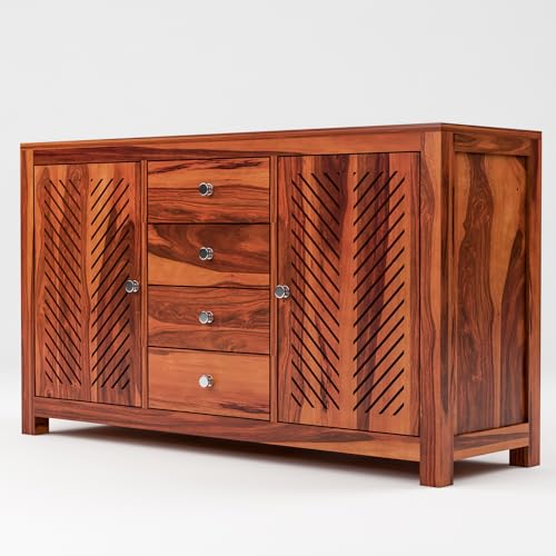 Image of Solid Sheesham Wood Wooden Sideboard Storage Cabinet : Ideal for Living Room and Bedroom with 4 Drawers and 4-Shelf Storage(Ferna, Honey Finish)