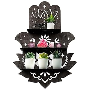 Hamsa Wall Decor Lotus Crystal Shelf Display for Evil Eye – Large 17” Hamsa Hand Boho Wooden Hanging Crystal Holder Aesthetic Zen Meditation Spiritual Gift Witch Yoga Decor (Black)