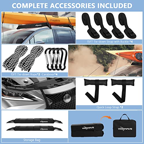 Image of WOOWAVE Folding Kayak Soft Roof Rack Pads Universal Kayak Carrier Car Rack with 4 Tie Down Straps, 2 Tie Down Rope, 4 Carabiner, 2 Quick Loop Strap and Storage Bag for Canoe /Surfboard /Paddleboard /SUP
