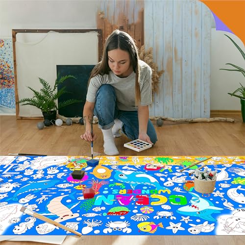 Image of Ocean Coloring Poster, Large Coloring Activity Paper 75 inch x 31 inch Jumbo Size Blue Sea-themed Paper DIY Painting Drawing Banner /Tablecloth for School, Wall Decor