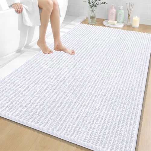 Image of OLANLY Bathroom Rug Mat 59x35, Thick Soft and Absorbent Chenille Bath Mat, Non-Slip Rubber Backing, Machine Washable Quick Dry Bath Rugs for Tub Shower Floor, Home Decor Accessories, White