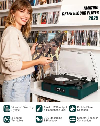 Image of Vinyl Record Player Bluetooth Turntable with Built-in Stereo Speakers USB Recording 3 Speeds Belt Drive Turntables Support RCA Output, LED Display, EQ, Green
