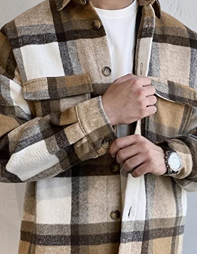 Men's Casual Warm Plaid Wool Blend Jacket Fleece Relaxed Fit Button Up Long Sleeve Shacket Shirt Coat2