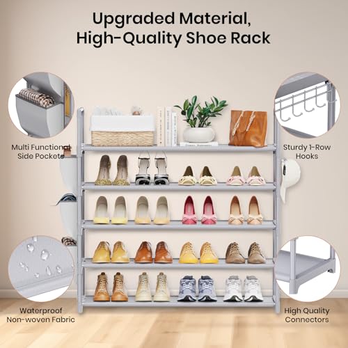Image of VILICK Shoe Rack for Closet Shoe Organizer Space Saver Storage for 20-25 Pair Shoe Shelf with Hook and Side Pocket Free Standing 5 Tier Shoe Rack Organizer for Entryway,Small Spaces, Grey