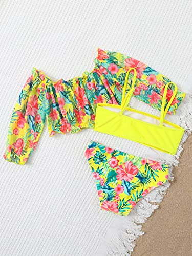 WDIRARA Toddler Girl's 3 Pieces Tropical Print Bikini Swimsuit Bathing Suits with Frill Cover Up Tops2