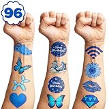 Blue Temporary Tattoos Theme Birthday Party Decorations Supplies Favors Decor Cute Stickers Tattoo 8 Sheets 96 PCS Gifts for Kids Boys Girls Classroom Rewards Prizes Christmas