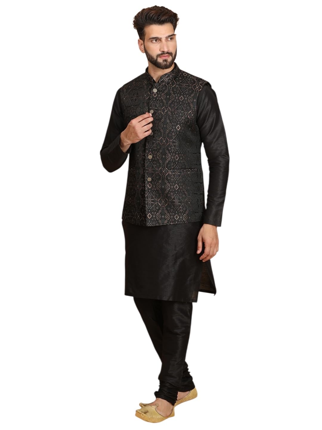 Mens Silk Blend Kurta Set with Nehru Jacket, Classic Fit, Black-image-49