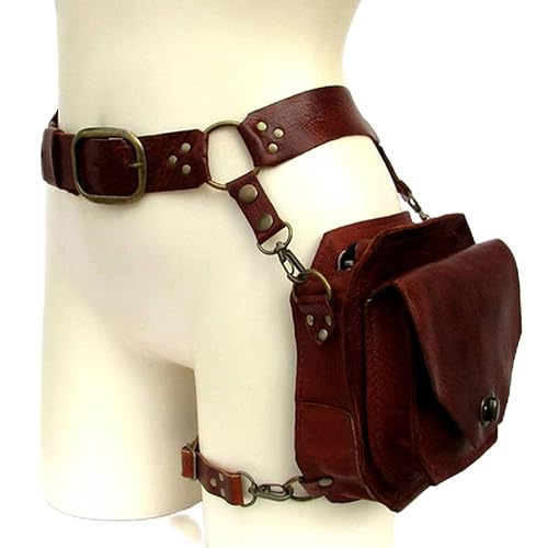 Medieval Steampunk Vintage Waist Belt Bag, Rock Leg Pouch with Adjustable Belt Loop and Zipper for Men Women Outdoor Travelling,Brown
