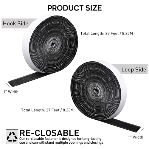 Image of MAXECHO 1 Inch x 27 Feet Strong Sticky Back Heavy Duty Hook and Loop Tape with Adhesive, Non-Slip, Double Sided Strip Roll for Crafting & Wall Hanging, Black