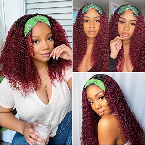 Image of Celiarita Two-tone Burgundy Deep Wave Headband Wig Human Hair 14 Inch Glueless None Lace Machine Made Wigs Ombre 99J Dark Headband Wigs for Black Women 150% Density