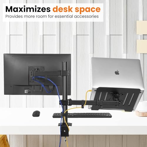 Image of Dyazo Dual Monitor Desk Mount with Laptop Tray | Fits 13-32 inch Monitors & 10-15.6 inch Laptops | Fully Adjustable Arms with Height Adjustment & 360 Rotation | Dual Mount with C-Clamp /Grommet Base (Black)