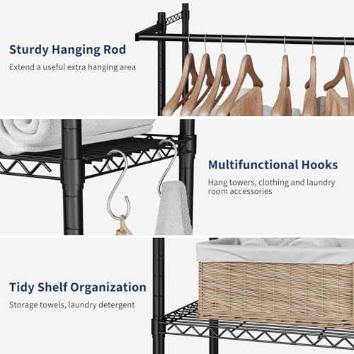 GarveeHome Over Washer and Dryer Storage Shelves, 4 Tiers Above Washer Dryer Storage Rack for Laundry Room Organization, Adjustable Height Clothes Drying Rack with Hanger Rod & Hook, Black by GarveeHome - Image 3