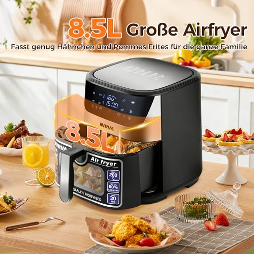 Nirva Heißluftfritteuse 8,5 L, ölfrei, 1700W große Airfryer, Rösten, Backen, Air Fry, Antihaftbeschichtet, Spülmaschinenfester Korb, Sichtfenster, Schwarz/Edelstahl, Für Einzelpersonen oder Familien – Bild 2