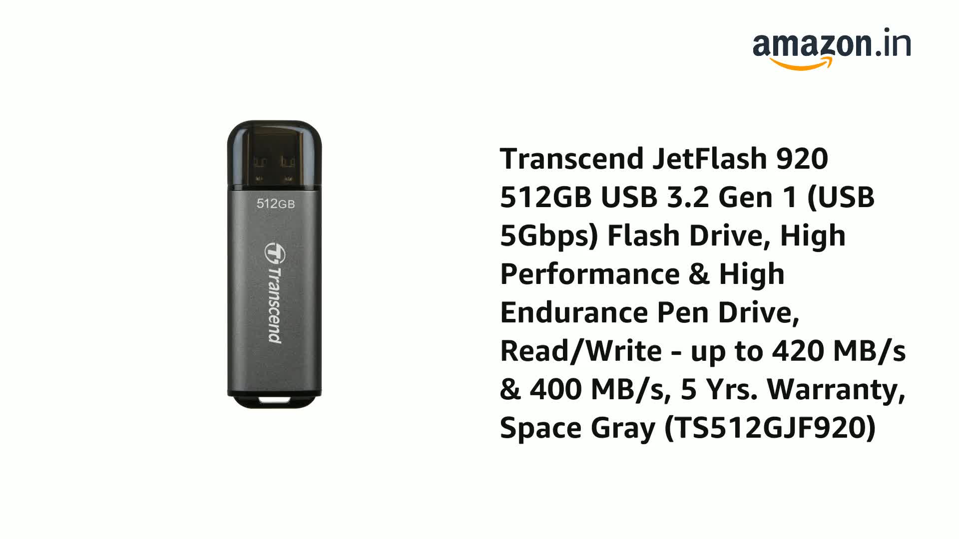 Transcend JetFlash 920 512GB USB 3.2 Gen 1 (USB 5Gbps) Flash Drive