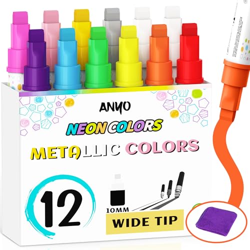 Anyo 12 Pack Chalk Markers for Blackboard, Window Paint with 10mm 3-in-1 Wide Nib Tip, Metallic &...