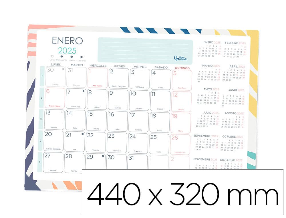 Planning mensual calendario liderpapel planificador joven 2025 44x32 cm con pegatinas lomo engomado papel 128 gr.