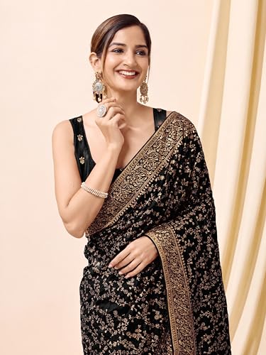 Image of TRENDMALLS Women's Vichitra Silk Heavy Embroidery With Siroski Stone Work Saree with Unstitch Blouse Piece For Women